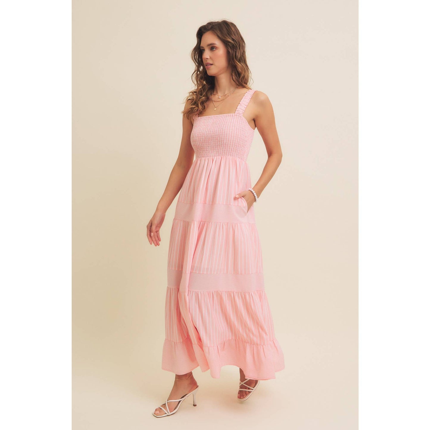 STRIPE MIXED FLARE SMOCKED MIDI DRESS WITH POCKETS