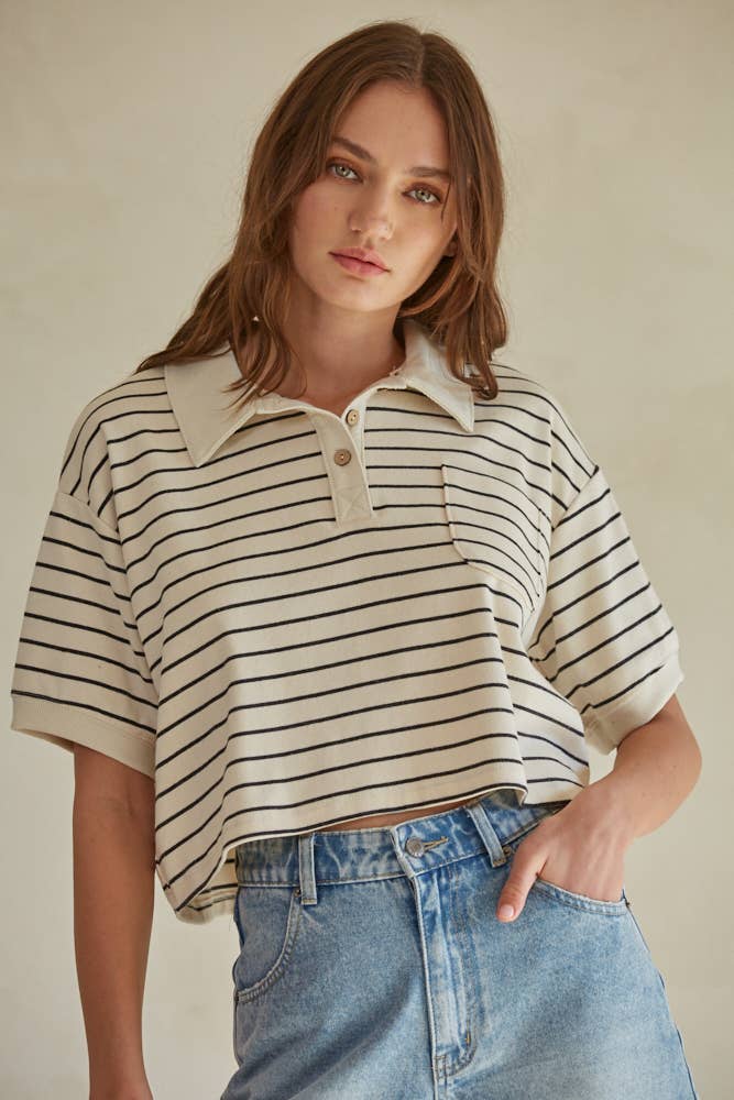 Knit Striped Collar Buttondown Crop Top