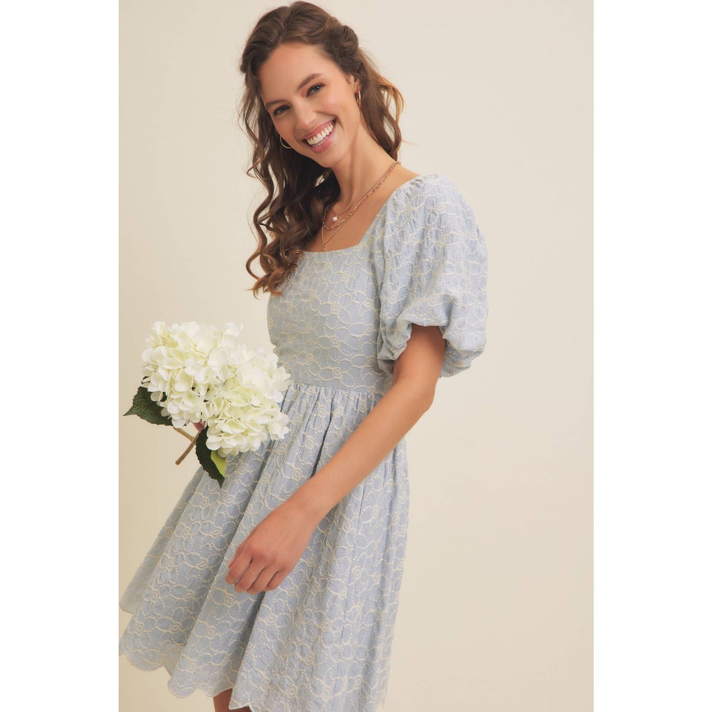 FLORAL EMBROIDERY BUBBLE SLEEVED MINI DRESS