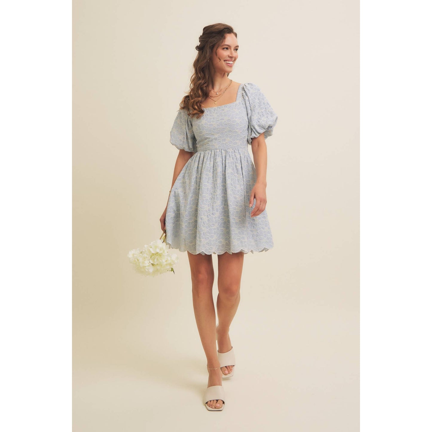 FLORAL EMBROIDERY BUBBLE SLEEVED MINI DRESS