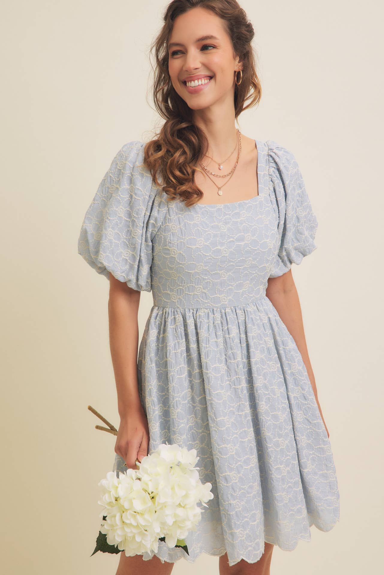 FLORAL EMBROIDERY BUBBLE SLEEVED MINI DRESS