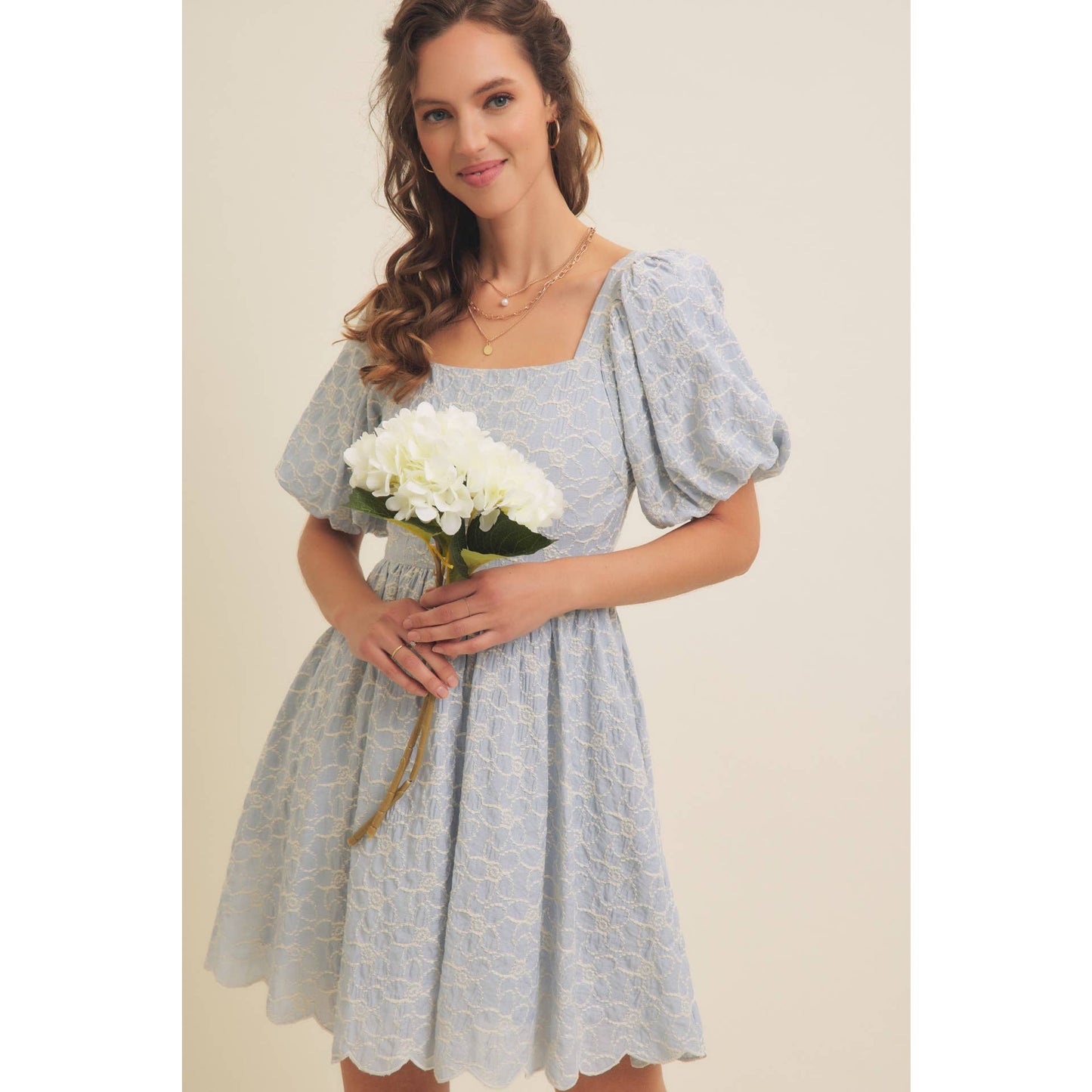FLORAL EMBROIDERY BUBBLE SLEEVED MINI DRESS