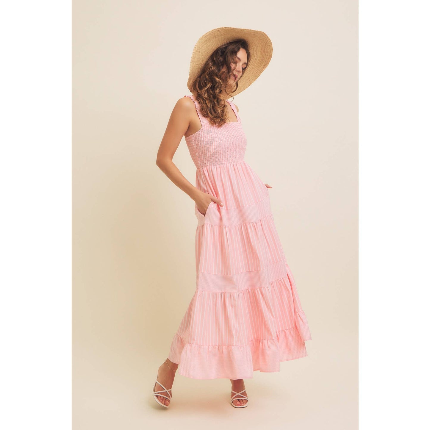 STRIPE MIXED FLARE SMOCKED MIDI DRESS WITH POCKETS
