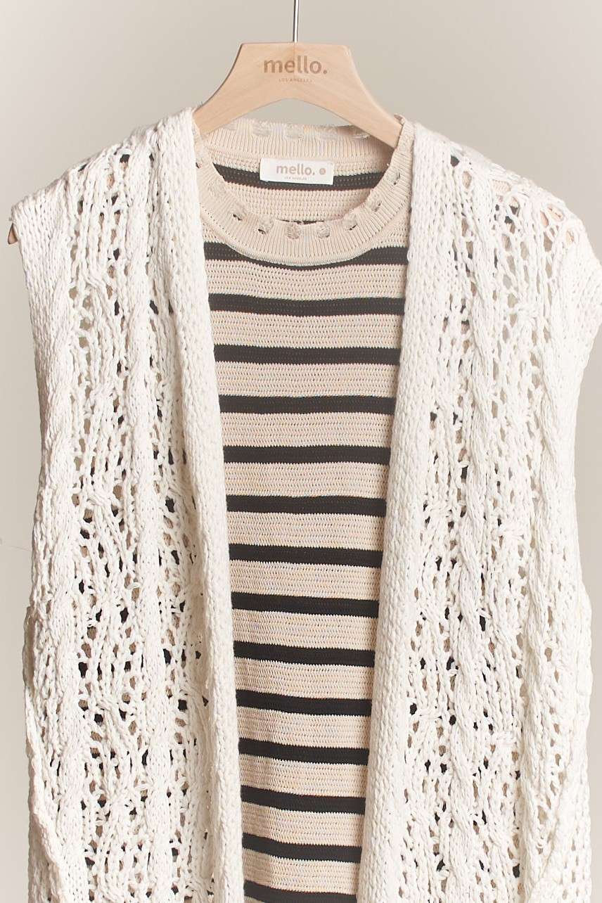Sleeveless Crochet Long Cardigan with Fringe
