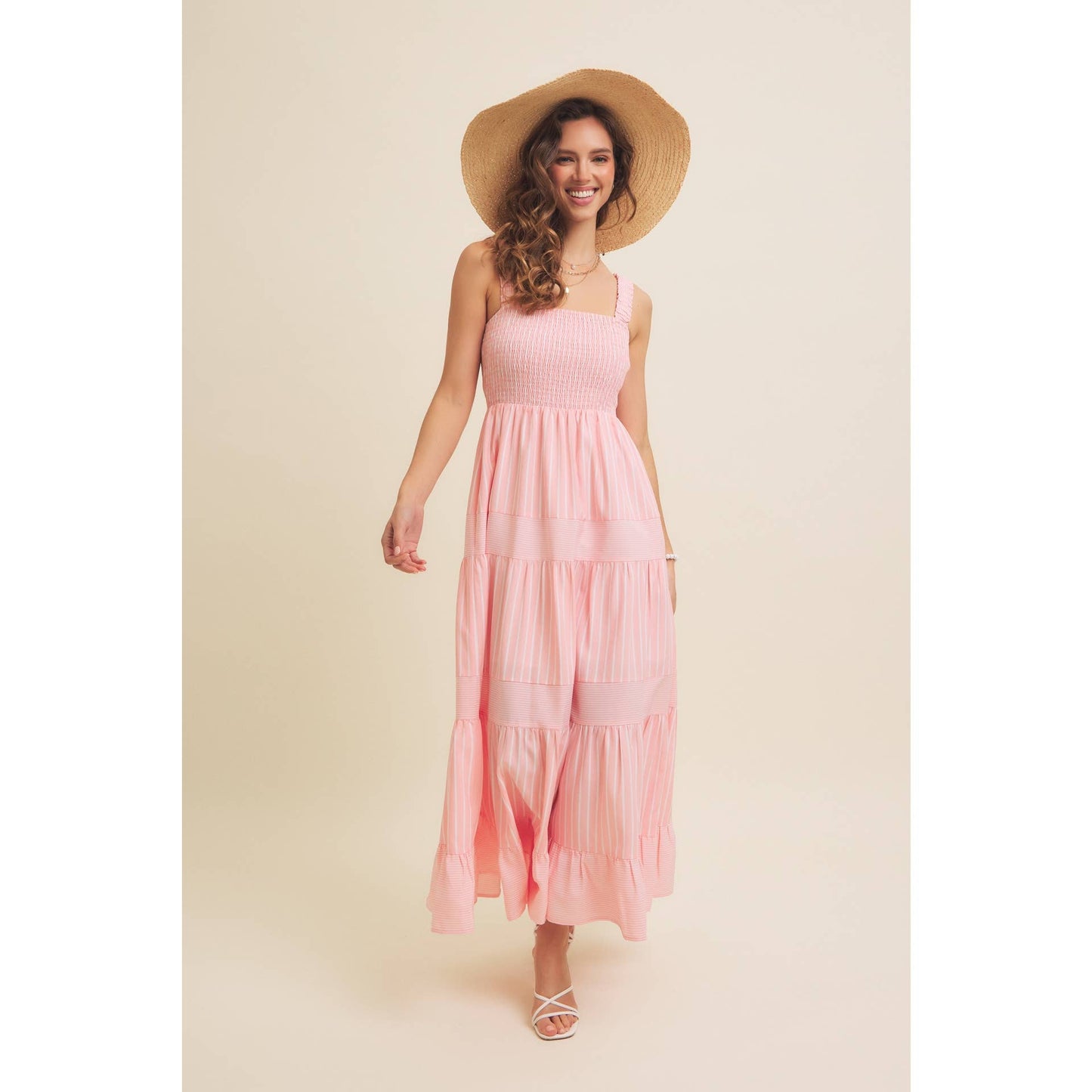 STRIPE MIXED FLARE SMOCKED MIDI DRESS WITH POCKETS