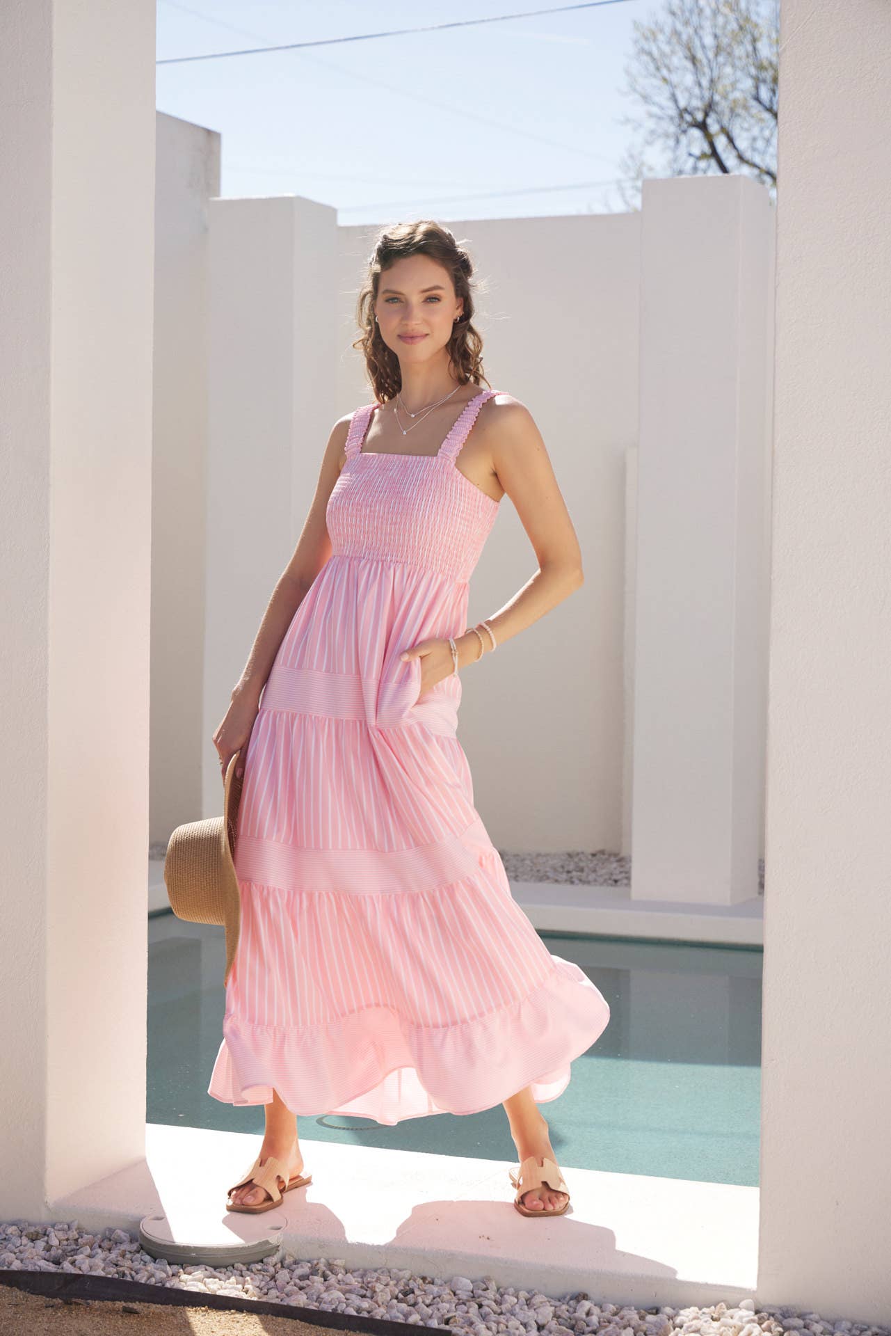 STRIPE MIXED FLARE SMOCKED MIDI DRESS WITH POCKETS