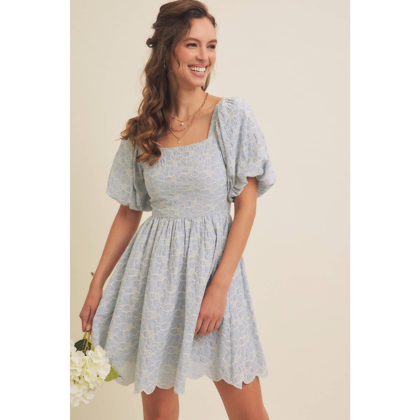FLORAL EMBROIDERY BUBBLE SLEEVED MINI DRESS