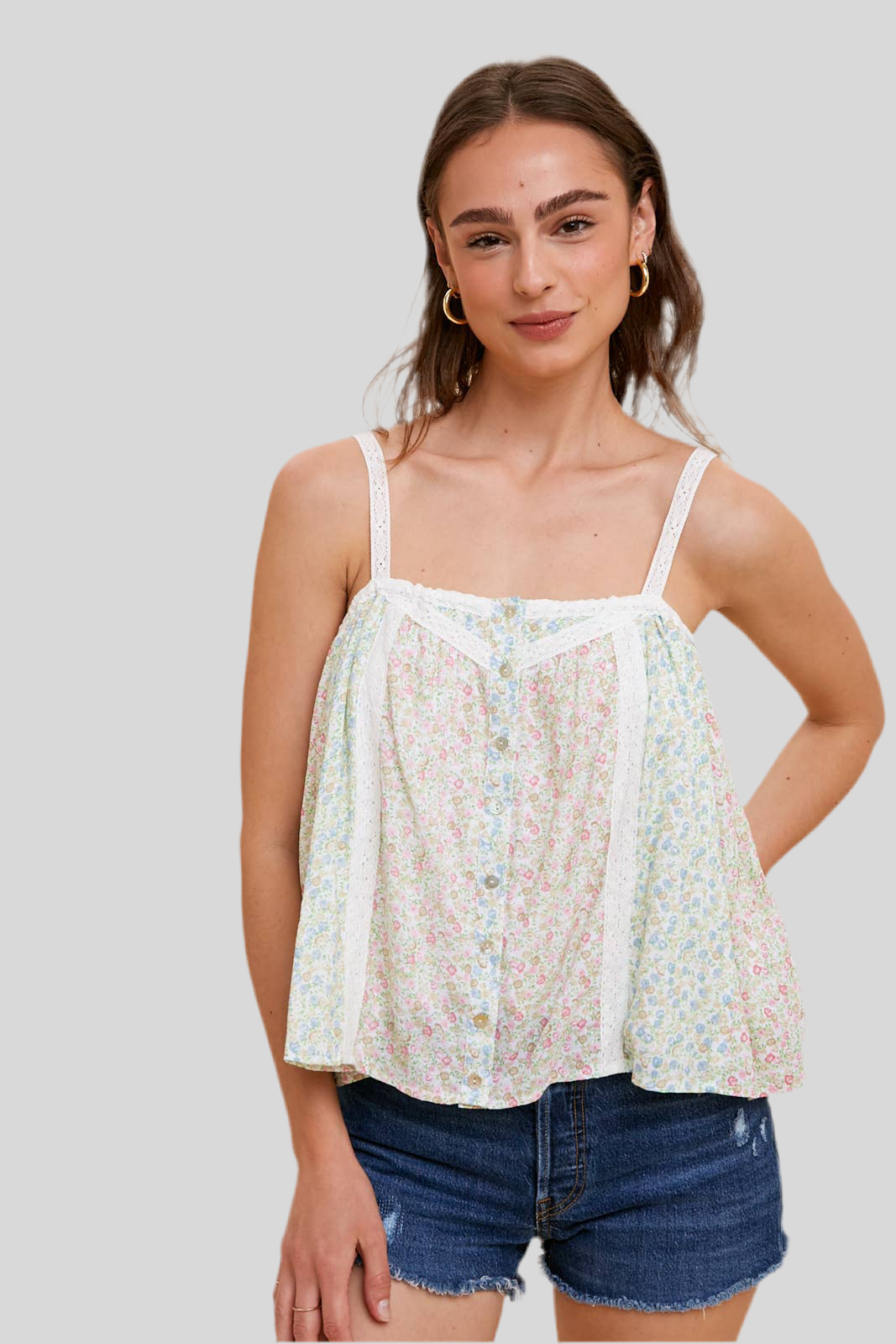 LACE ACCENTED FLORAL CONTRAST PANEL BUTTON TOP