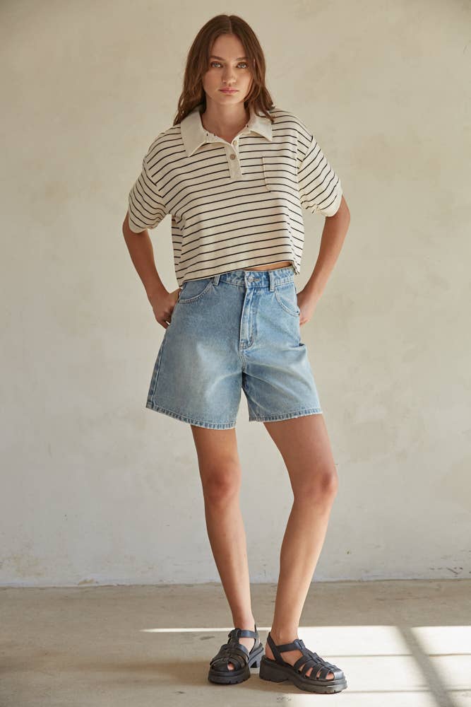Knit Striped Collar Buttondown Crop Top