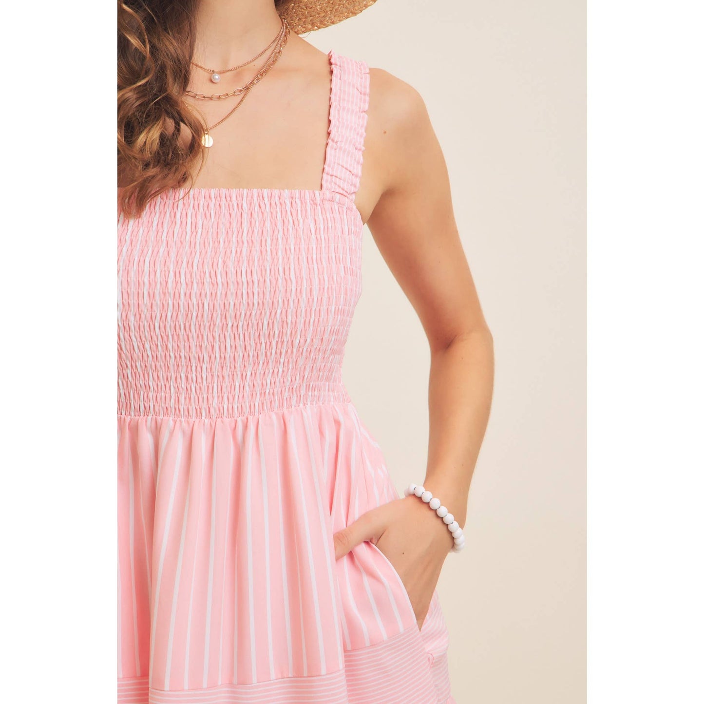 STRIPE MIXED FLARE SMOCKED MIDI DRESS WITH POCKETS