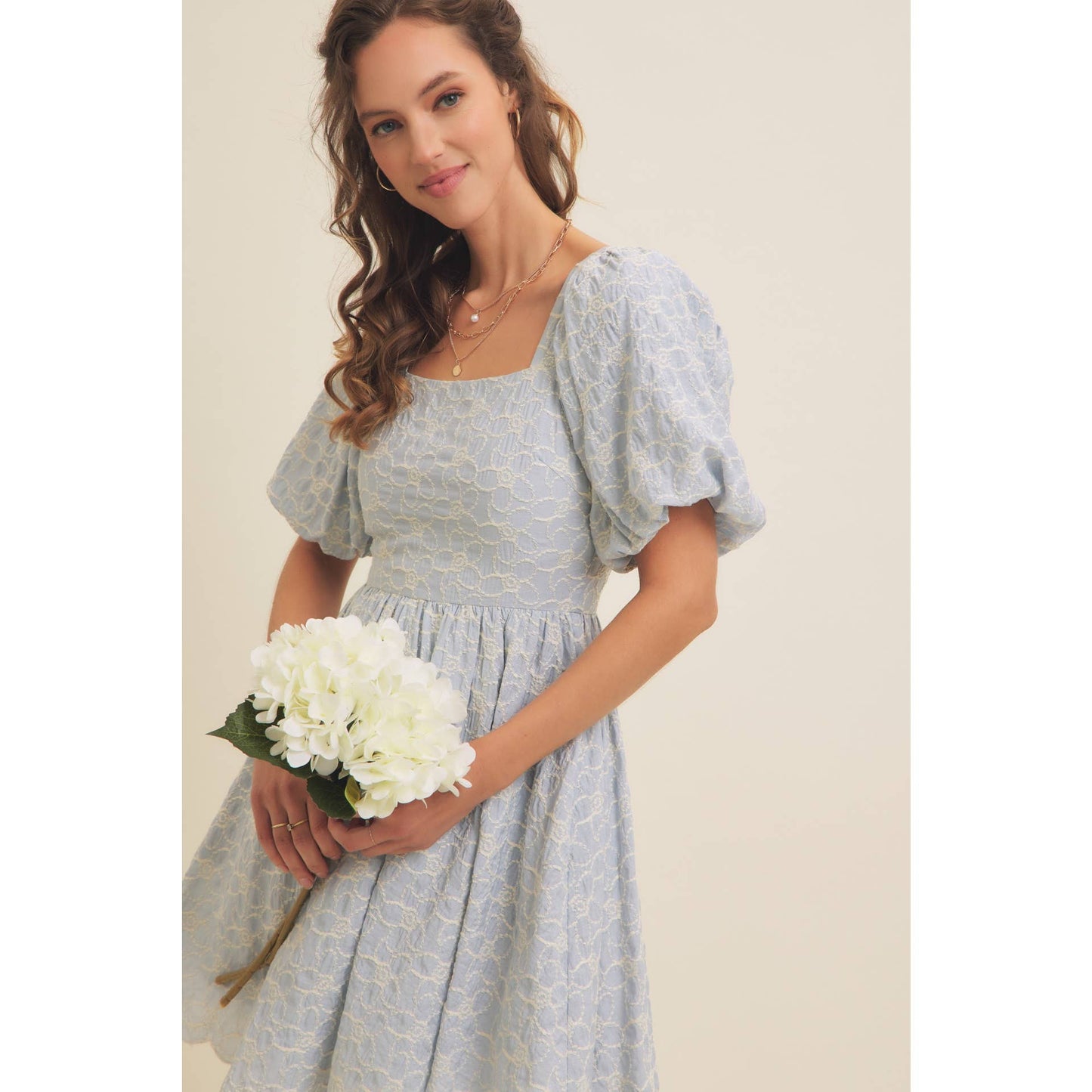 FLORAL EMBROIDERY BUBBLE SLEEVED MINI DRESS