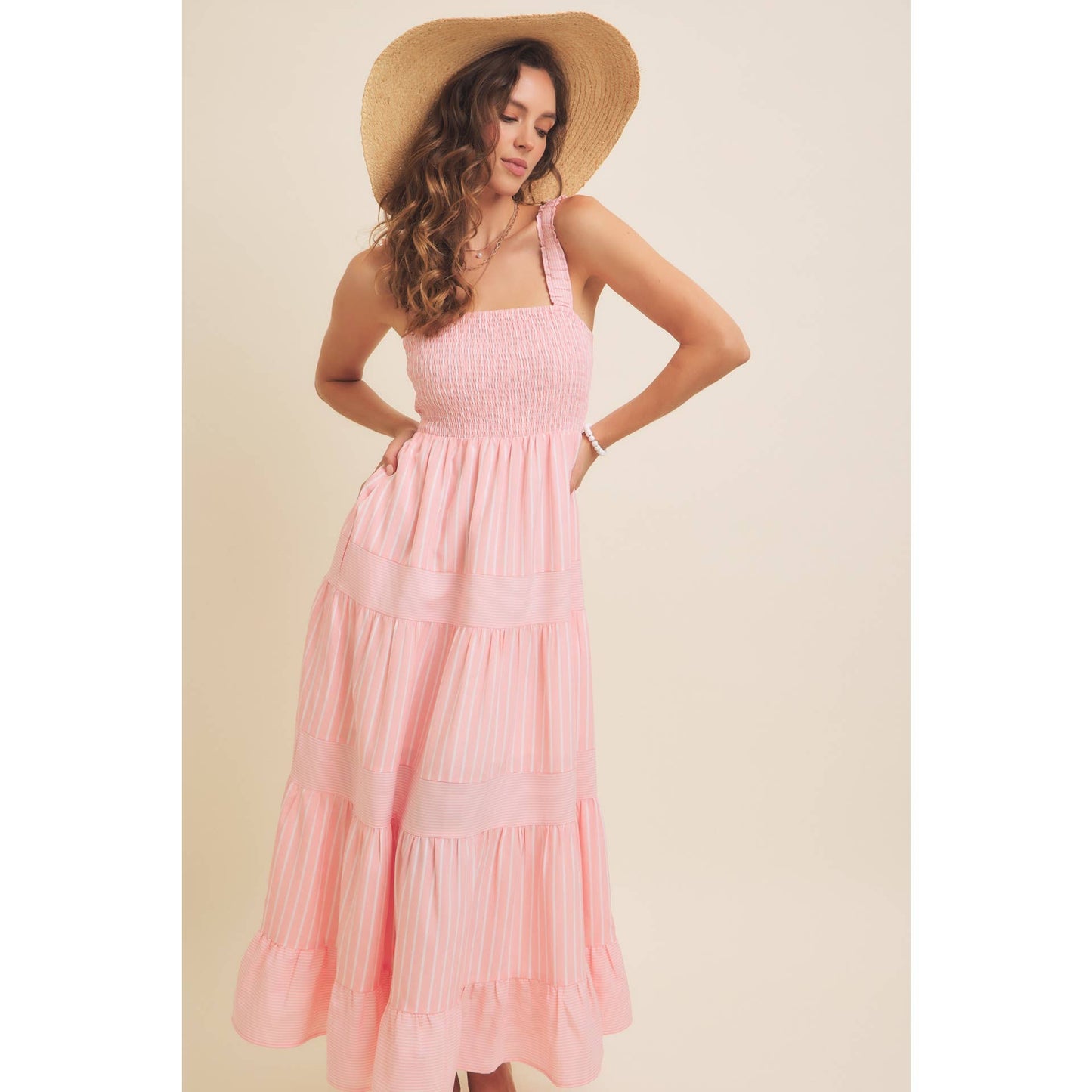 STRIPE MIXED FLARE SMOCKED MIDI DRESS WITH POCKETS