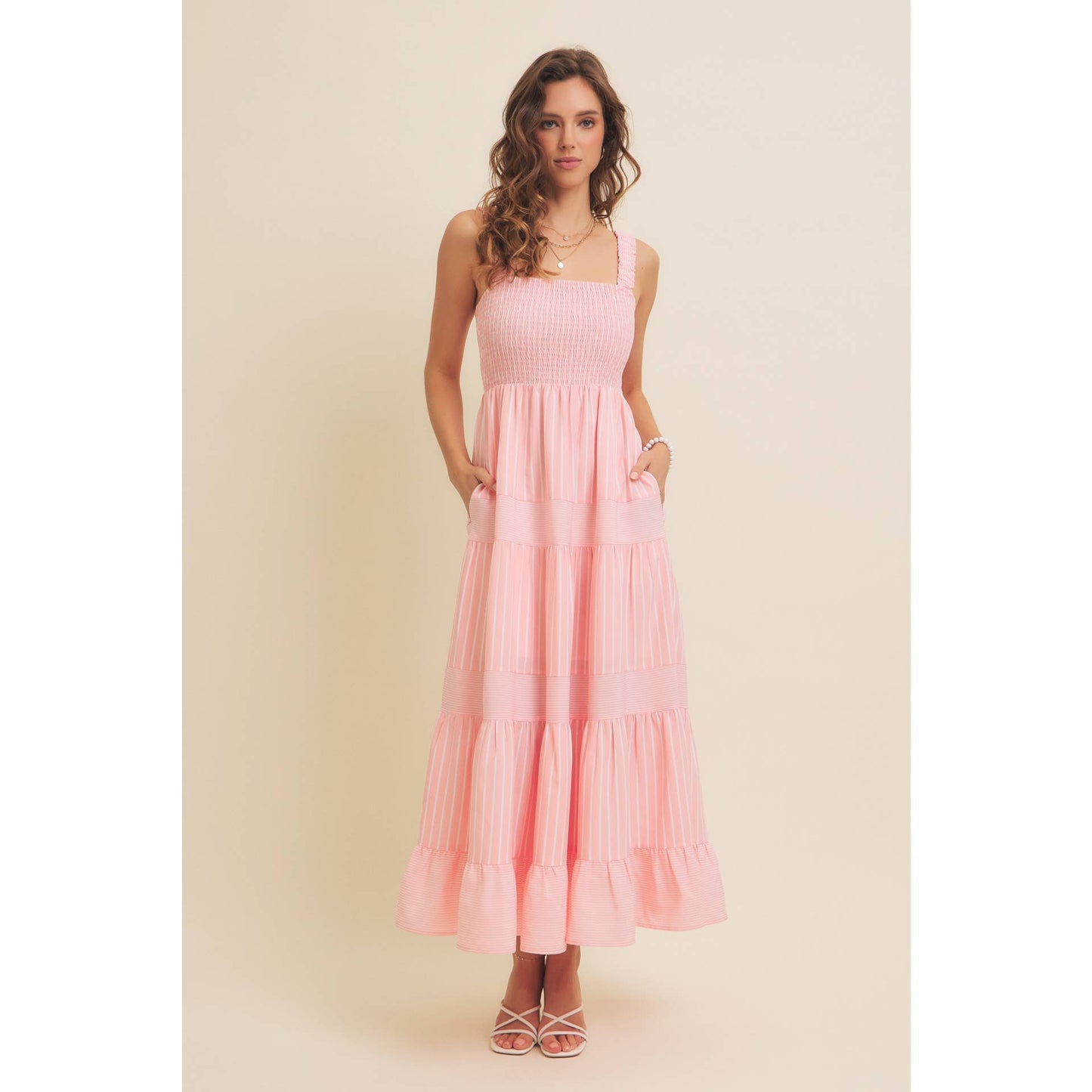 STRIPE MIXED FLARE SMOCKED MIDI DRESS WITH POCKETS