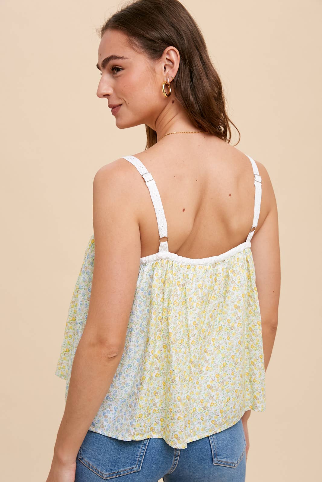 LACE ACCENTED FLORAL CONTRAST PANEL BUTTON TOP