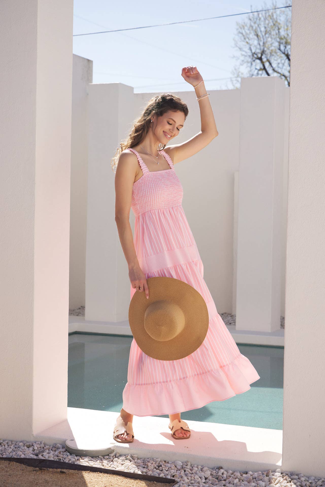 STRIPE MIXED FLARE SMOCKED MIDI DRESS WITH POCKETS