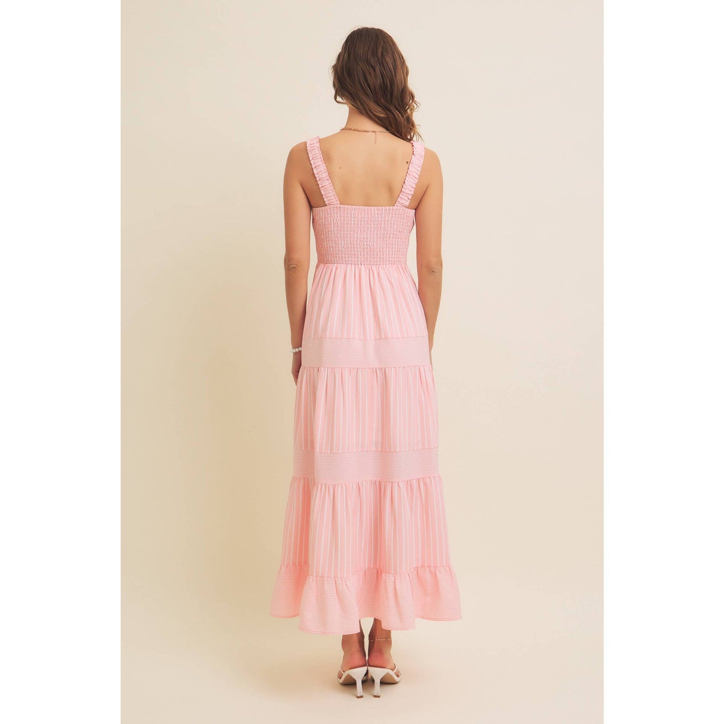 STRIPE MIXED FLARE SMOCKED MIDI DRESS WITH POCKETS