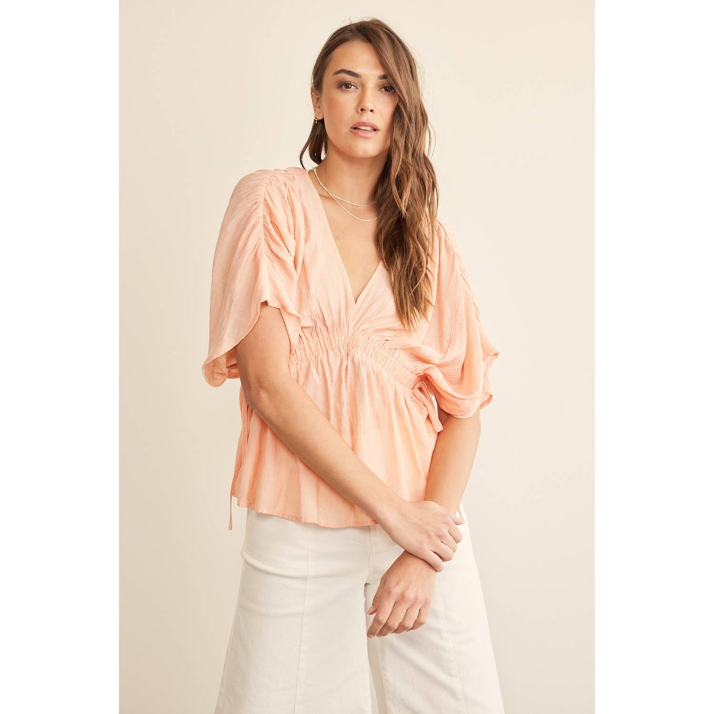 RUFFLED KIMONO BLOUSE IN CRINKLED FABRIC