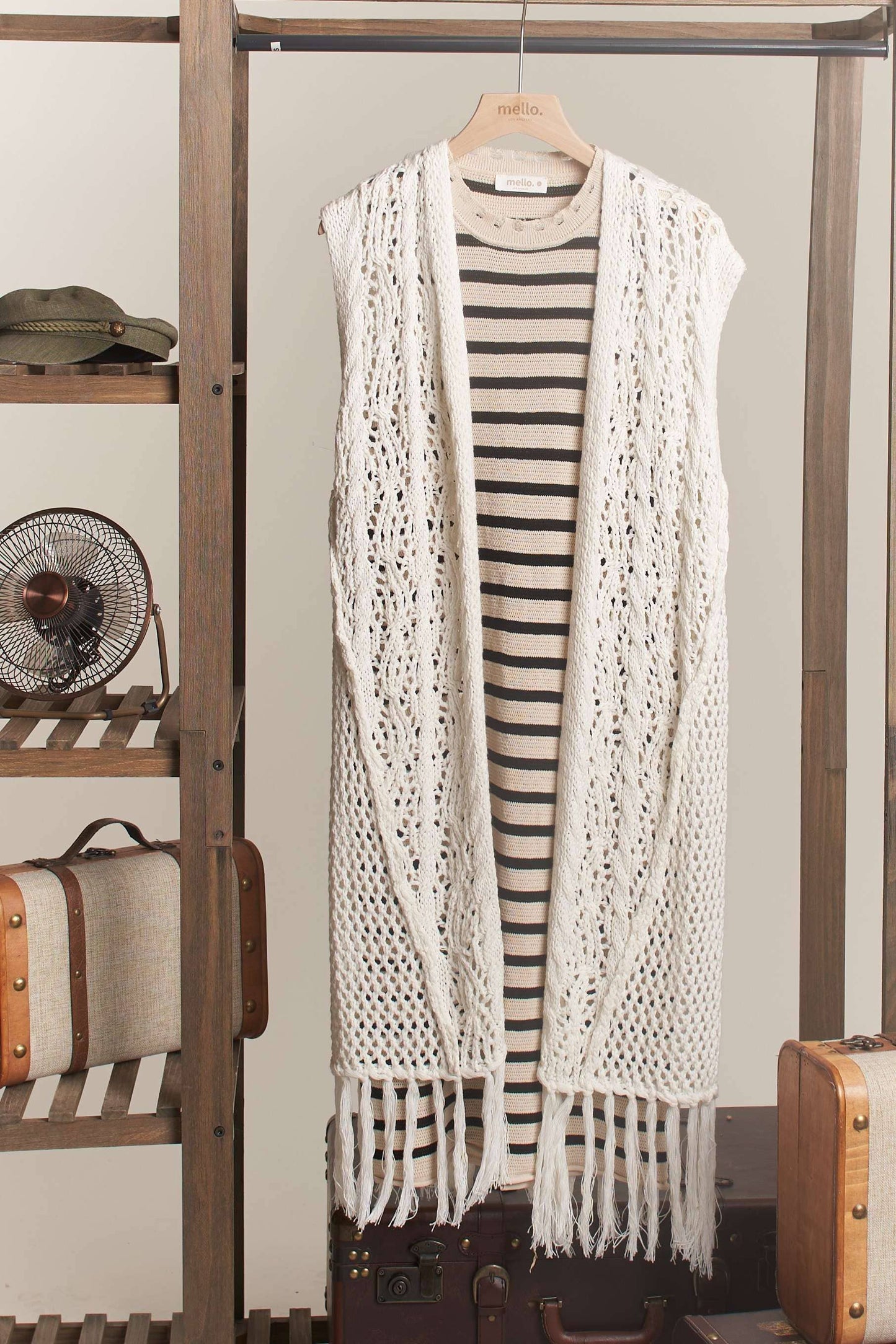 Sleeveless Crochet Long Cardigan with Fringe