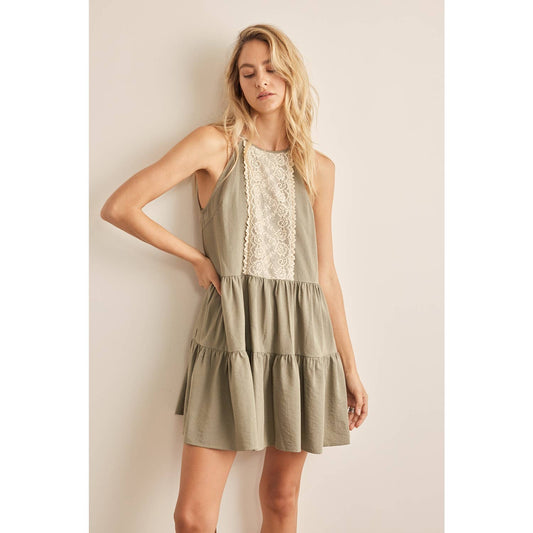 LACE CONTRAST TIERED HALTER MINI DRESS