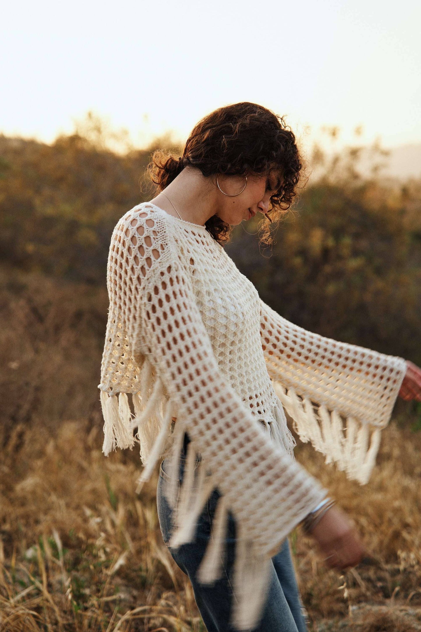 Boat Neck Fishnet Sweater with Fringe detail