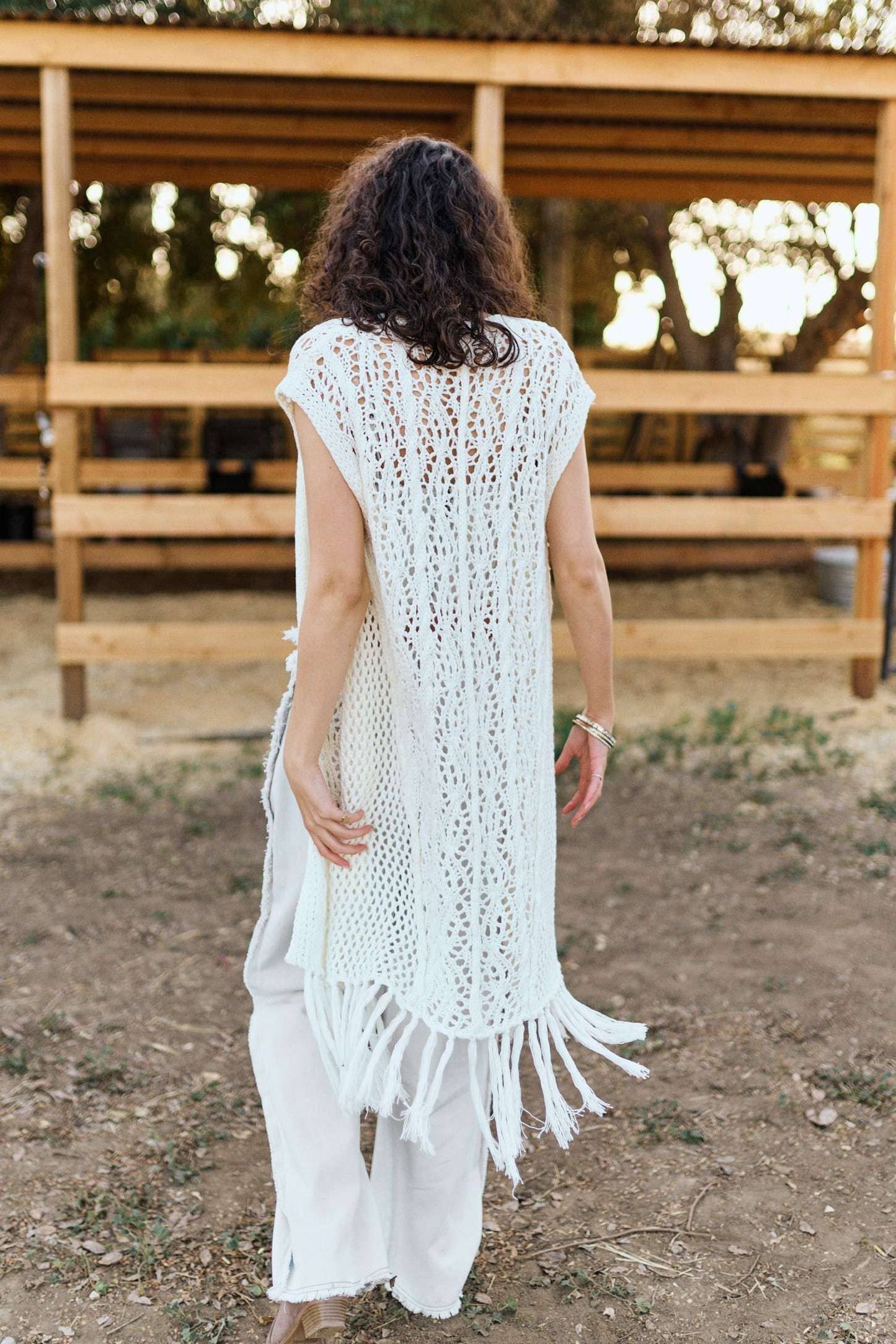 Sleeveless Crochet Long Cardigan with Fringe