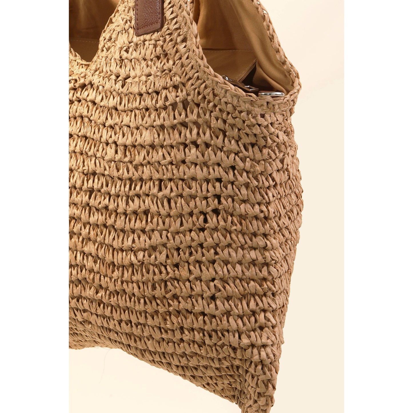 Faux Leather Strap Straw Knit Shoulder Bag