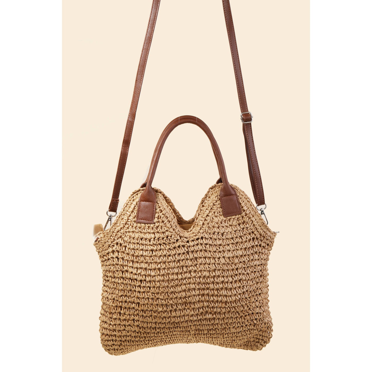 Faux Leather Strap Straw Knit Shoulder Bag