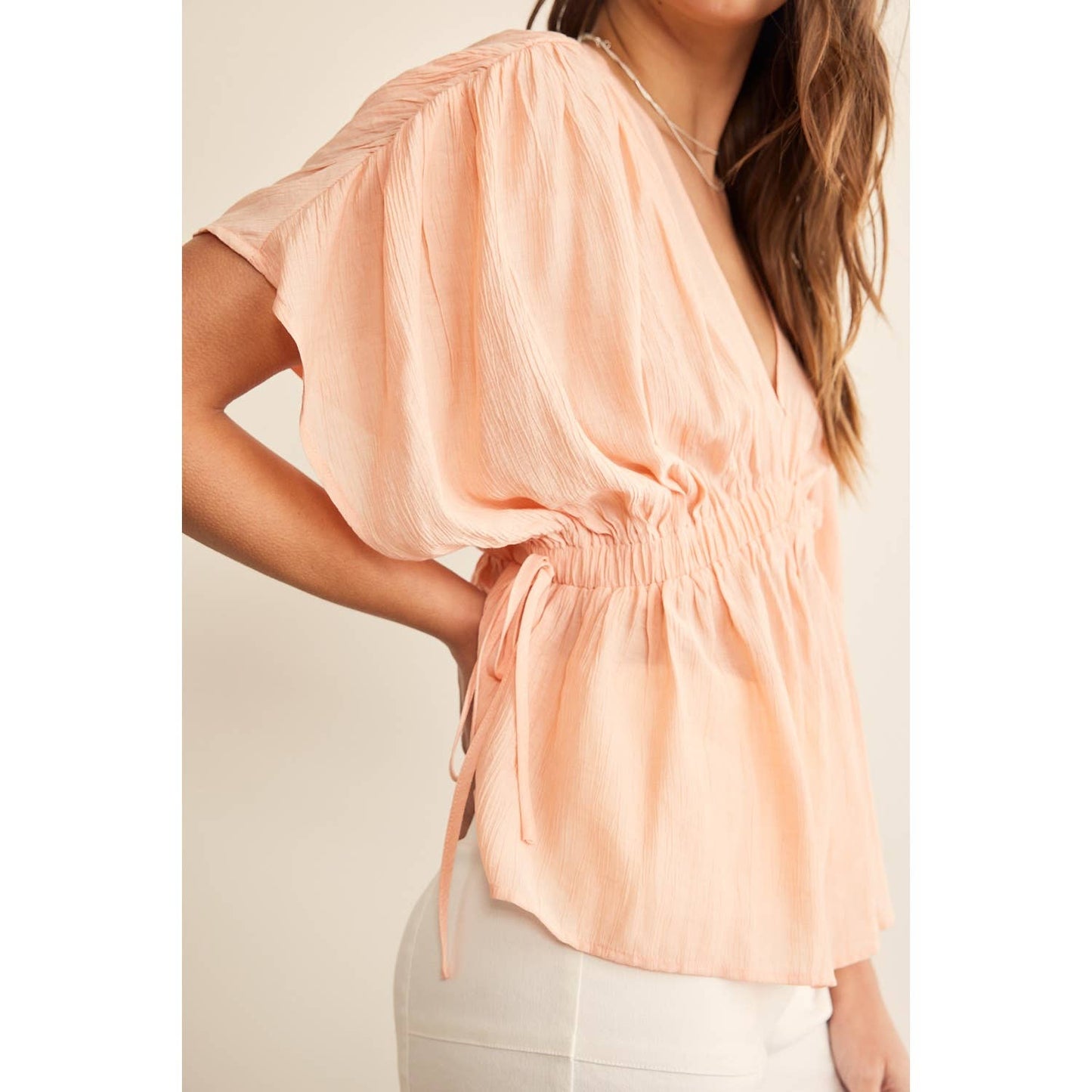 RUFFLED KIMONO BLOUSE IN CRINKLED FABRIC