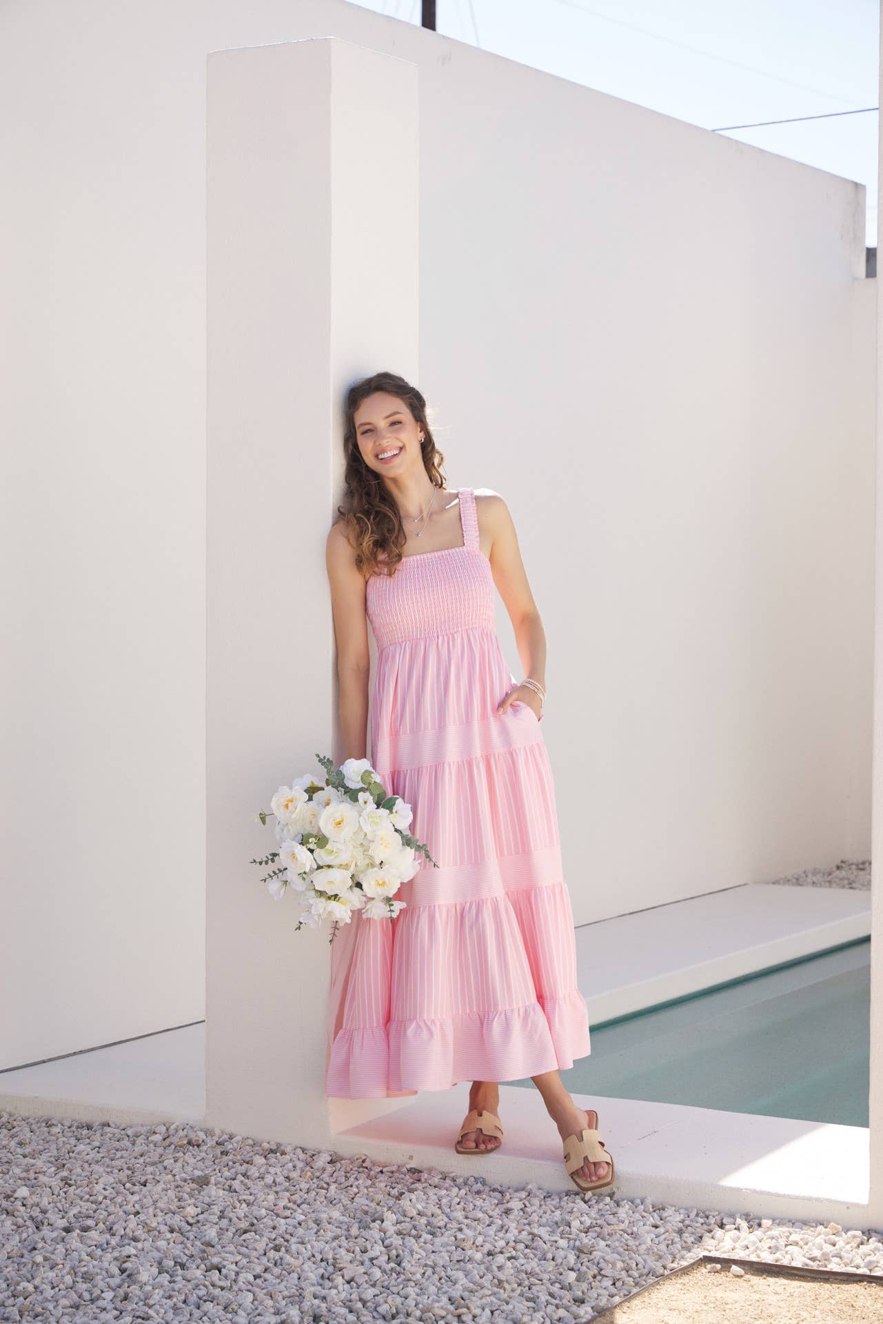STRIPE MIXED FLARE SMOCKED MIDI DRESS WITH POCKETS