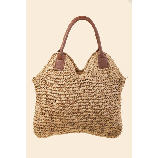 Faux Leather Strap Straw Knit Shoulder Bag