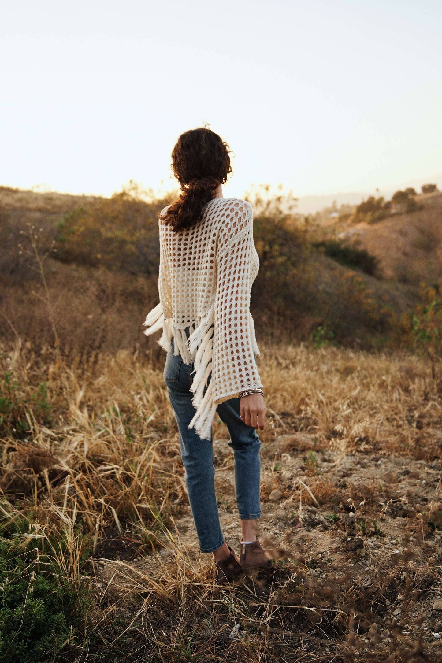 Boat Neck Fishnet Sweater with Fringe detail