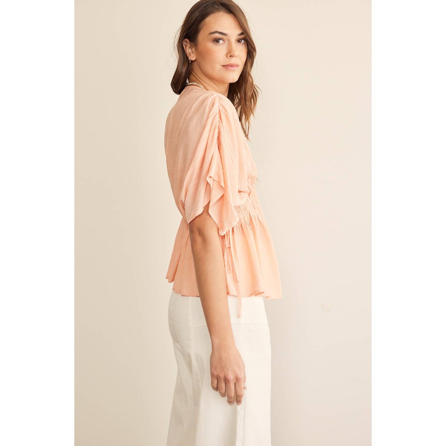 RUFFLED KIMONO BLOUSE IN CRINKLED FABRIC