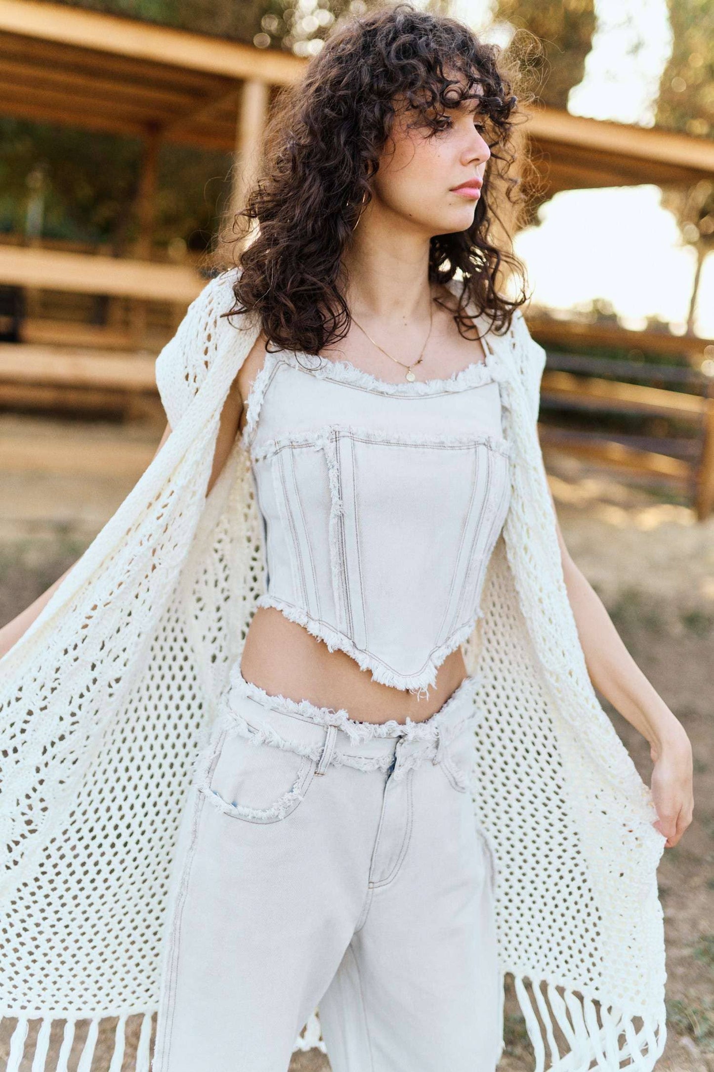 Sleeveless Crochet Long Cardigan with Fringe