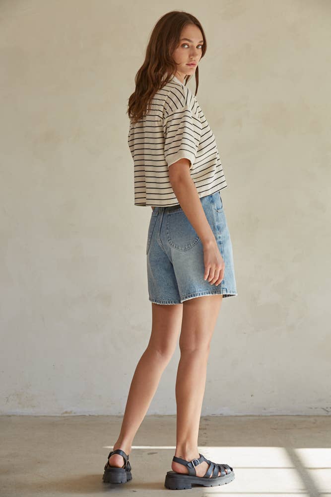 Knit Striped Collar Buttondown Crop Top