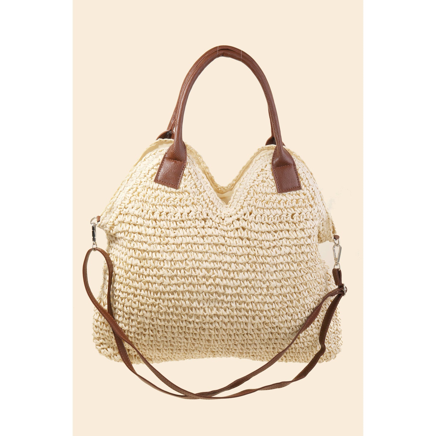 Faux Leather Strap Straw Knit Shoulder Bag