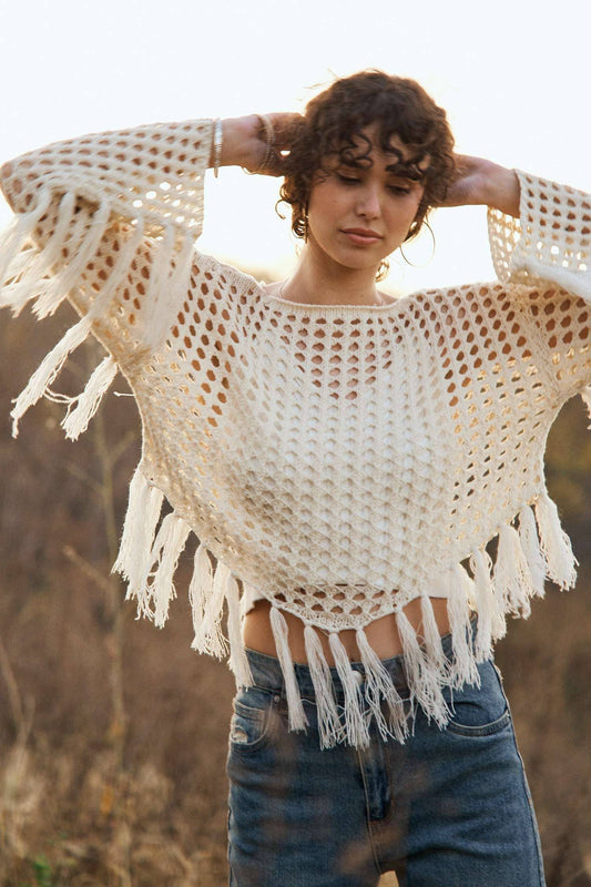 Boat Neck Fishnet Sweater with Fringe detail