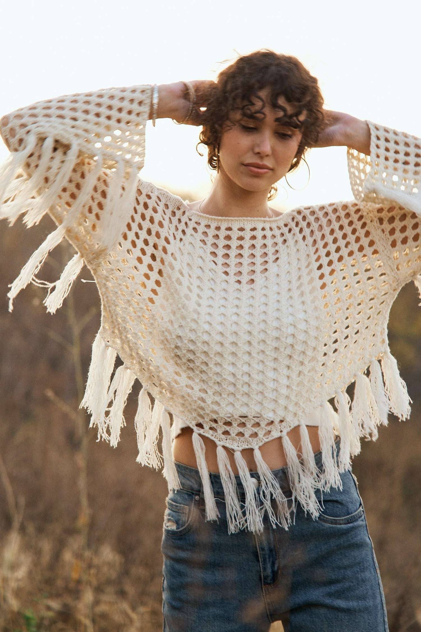 Boat Neck Fishnet Sweater with Fringe detail